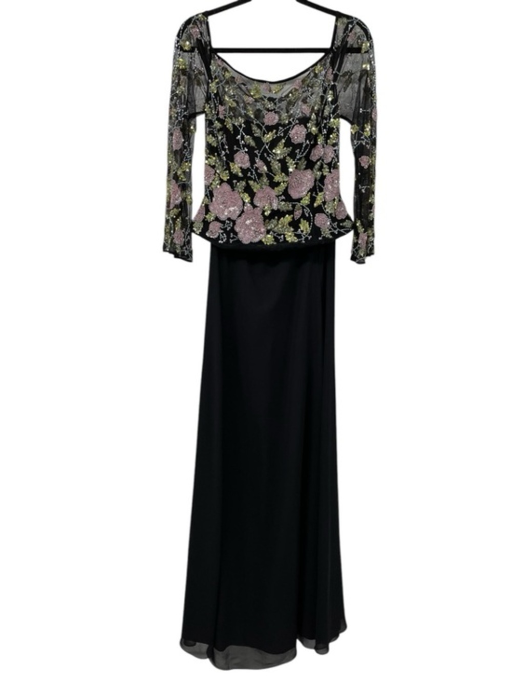 CASSANDRA STONE Black Formal Dress Mesh Top Pink Green Floral Sequins Beads 12